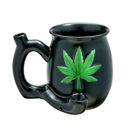 Matte Black Mug With Green Leaf